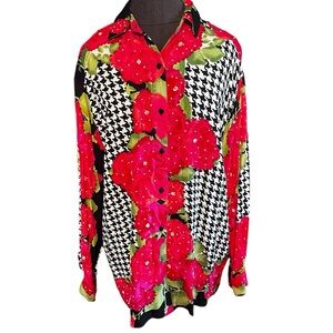 Vintage Other Destinations Rayon Tunic Blouse Oversized Roses Houndstooth Sequin